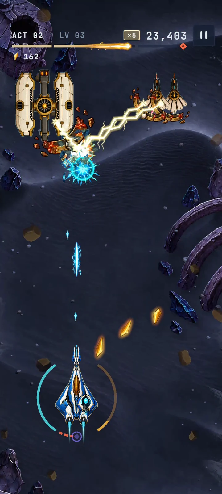 Corona Lance fires through incoming projectiles while chain lightning hits a Dustsea enemy formation in Act 2.