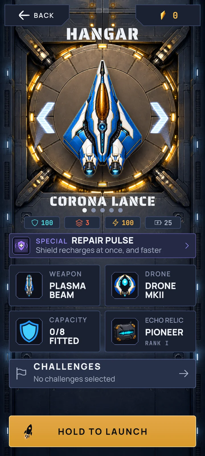 The Hangar shows Corona Lance, its weapon, drone, Special and equipped systems.