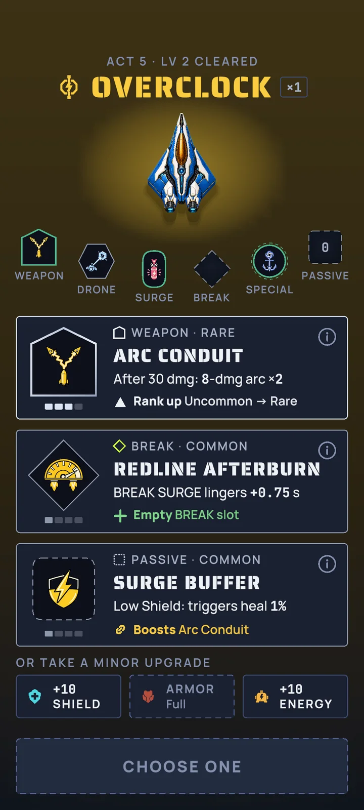 An Overclock offer presents Arc Conduit, Redline Afterburn and Surge Buffer MODs.