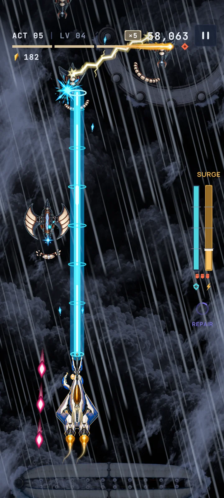 Plasma Beam fire through lightning and enemy formations in Stormshelf.