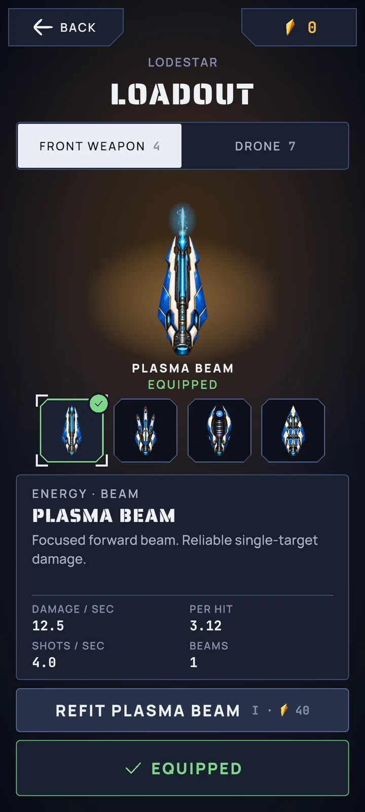 The front weapon loadout screen with Plasma Beam selected.