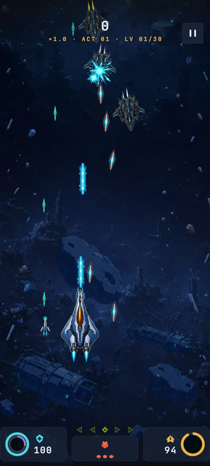 Surge gameplay showing the player ship firing at enemies in a debris field
