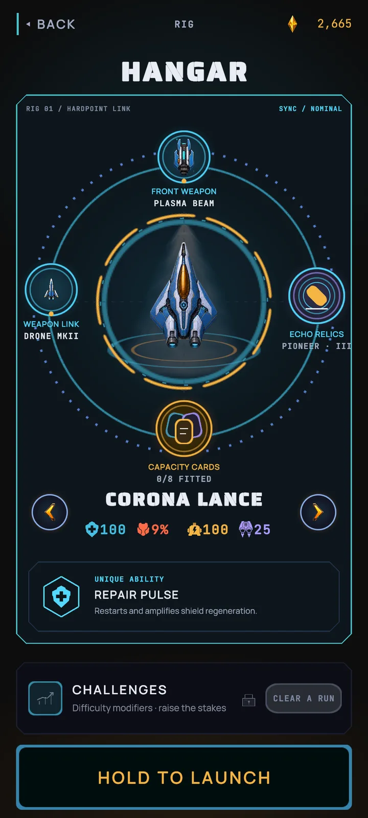 Surge hangar screen showing the Corona Lance ship and its equipment