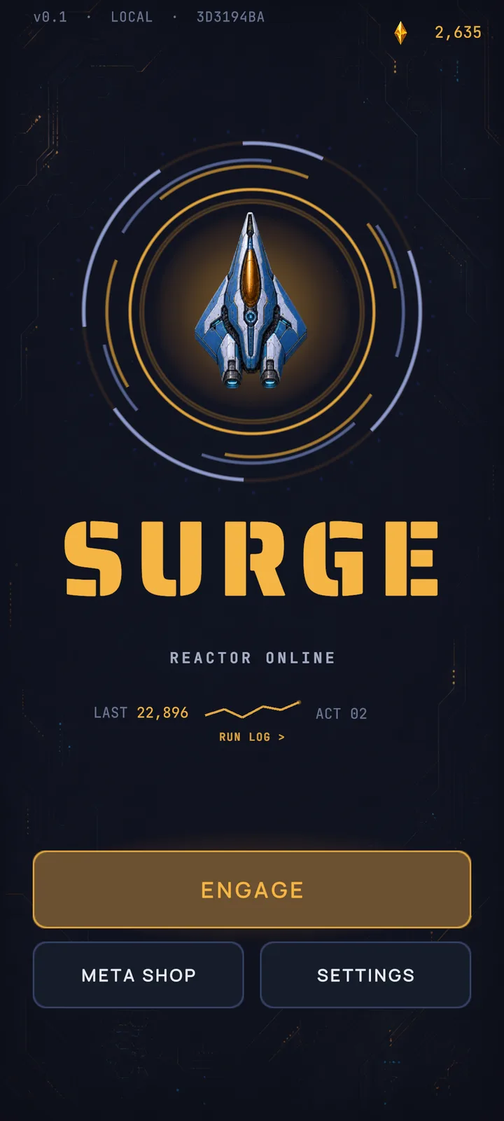 Surge main menu showing the player ship and launch controls