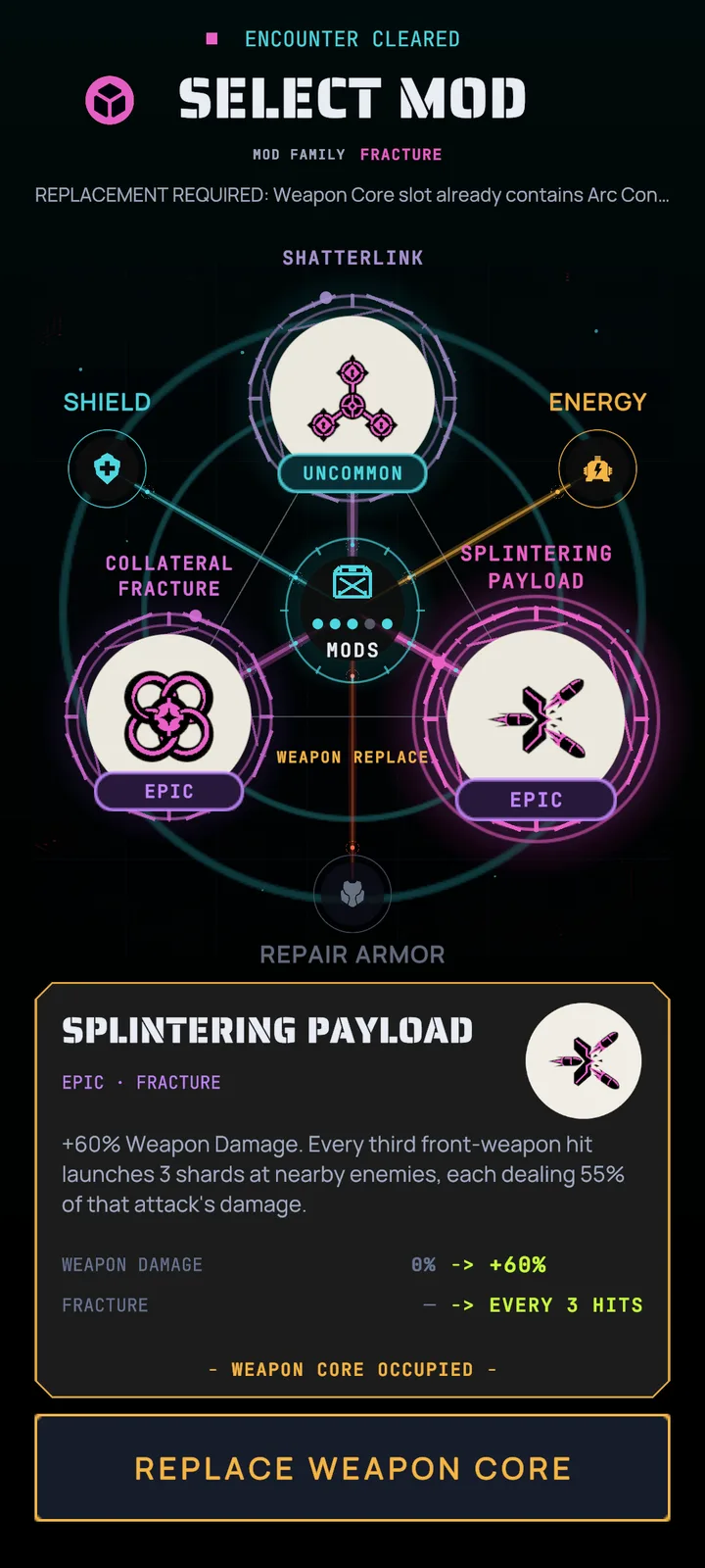 Surge mod selection screen showing three equipment upgrades