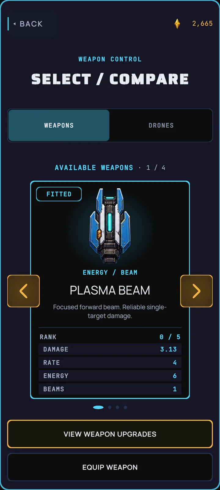 Surge weapon selection screen showing the Plasma Beam loadout
